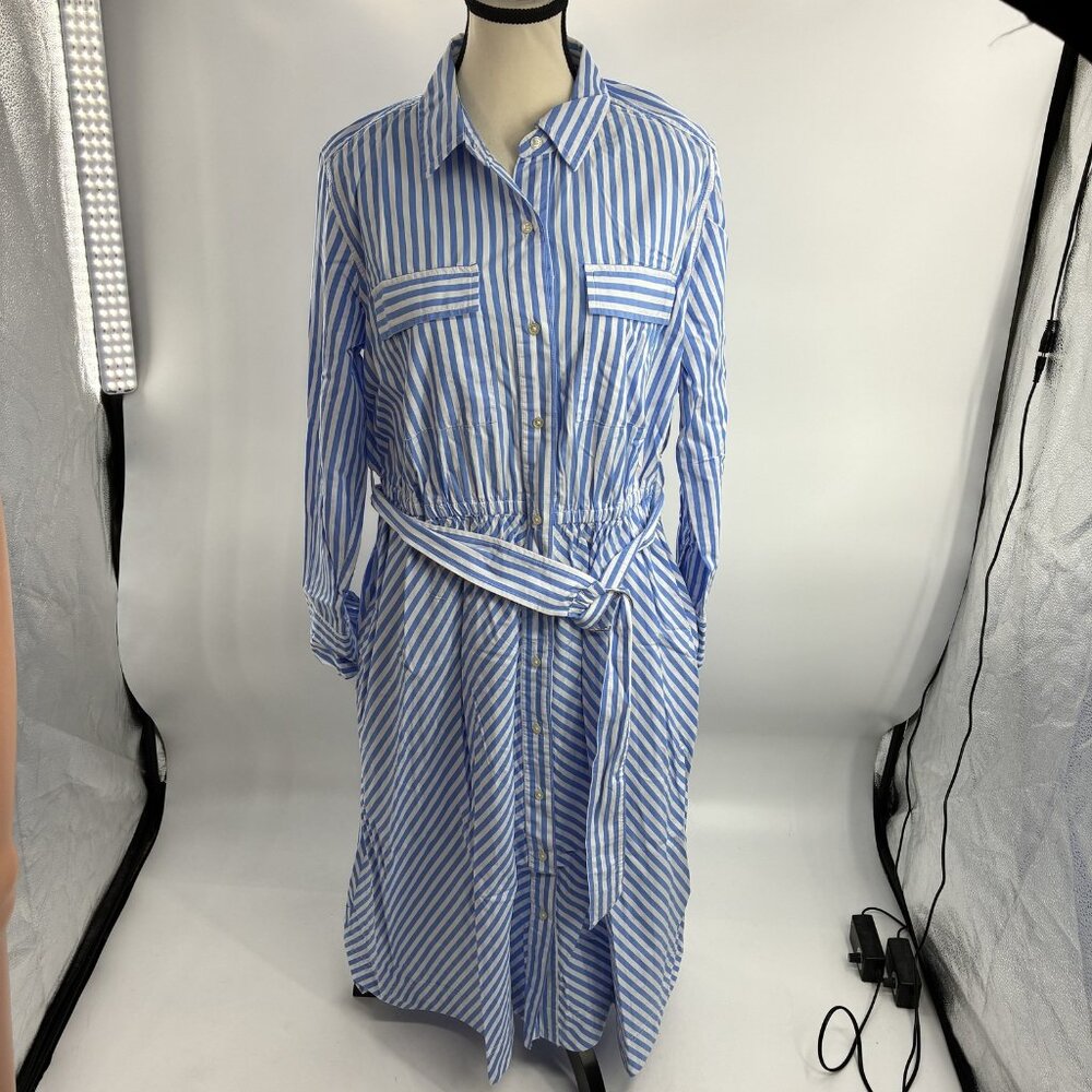 Free Assembly Women's Blue White Striped Belted Shirtdress Collared Midi L 12-14